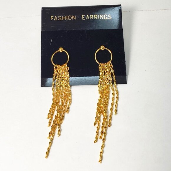 Women's Polished Gold tone Hoop Fringed Chain Post Drop Dangle Earrings, 2.75-in - Picture 3 of 8